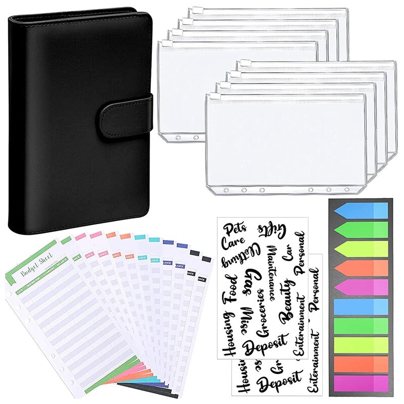 A6 Binder,PU Refillable 6 Ring Notebook Binder Binder Pockets,Expense Budget Sheets Sticker Labels,Labels: black