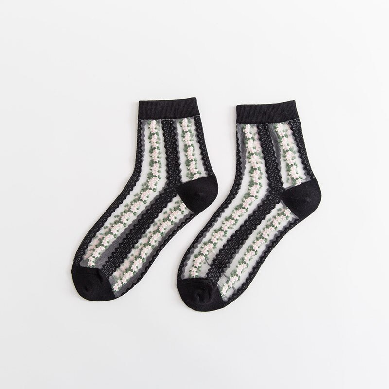 Damstrumpor blommiga strumpor för kvinnliga broderier genomskinliga tjejer svart patchwork sox fräsch färg damstrumpor: Svart