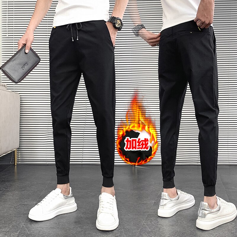 Pantalones bombachos gruesos y cálidos para Hombre, ropa sólida que combina con todo, ajustados, informales, para correr, ropa de calle, Otoño e Invierno: 28 / Negro