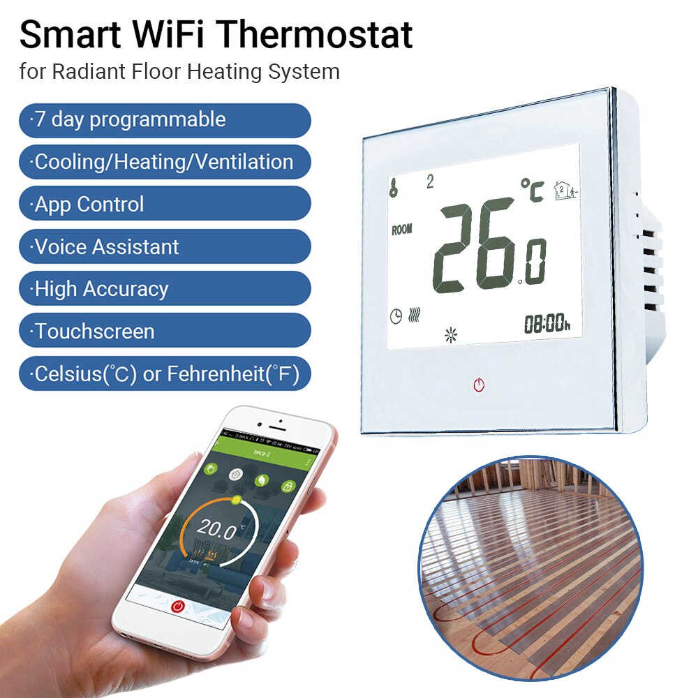 Hem programmerbar termostat för strålande golvvärmesystem smart pekskärm värme endast termostat för in golvvärmesystem: Vit med wifi