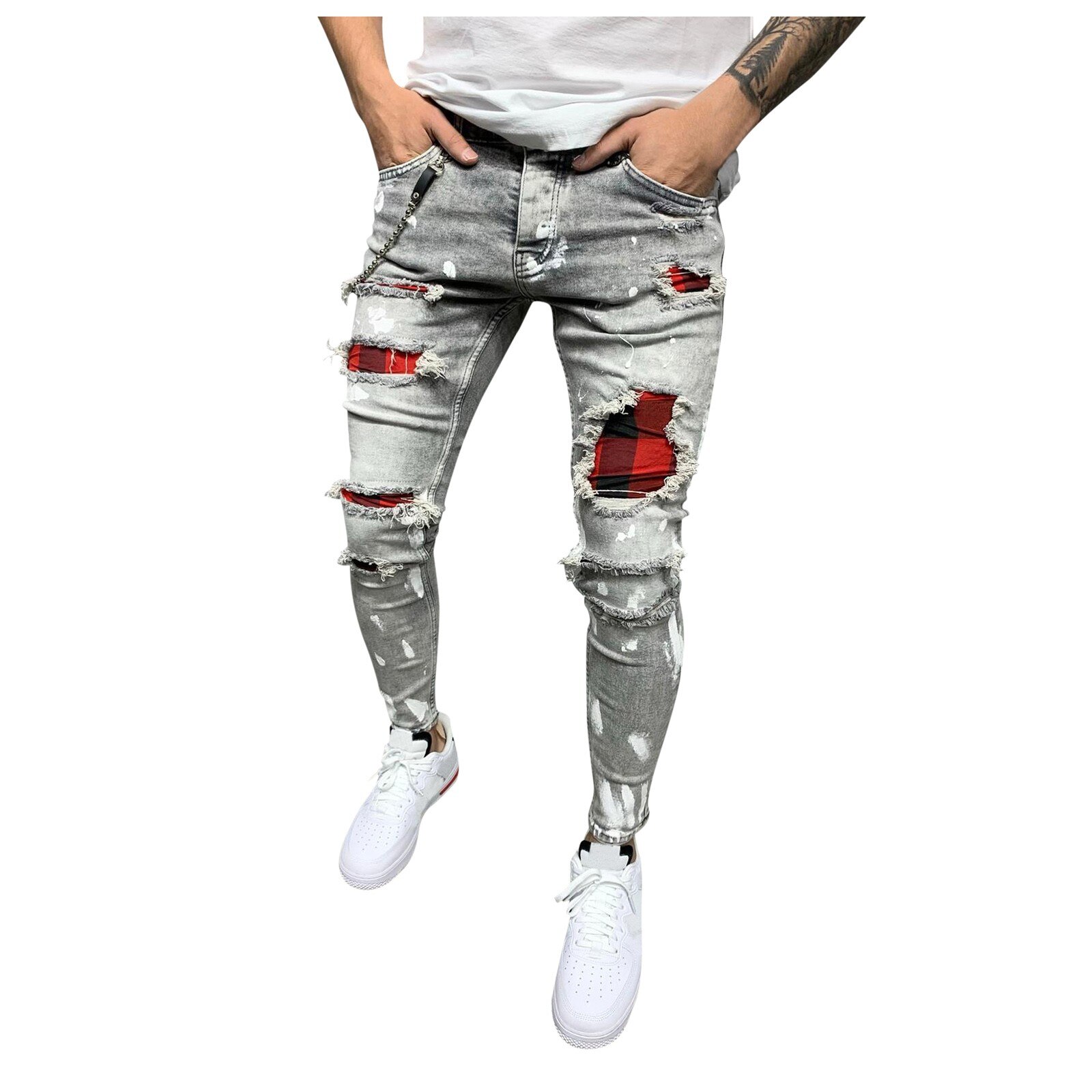 Men's Ripped Orange Star PU Patchwork Skinny Stretch Denim Jeans - Geometric Pattern, Light Wash, 28-40 Waist