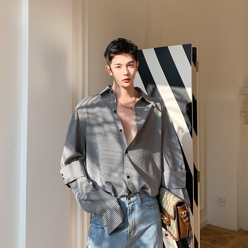 Homme corée Style Vintage Streetwear chemises lâches hommes épissure à manches longues décontracté chemise à carreaux