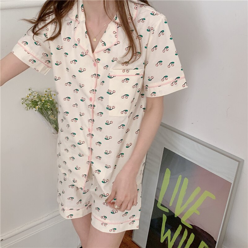 cute cherry summer pajamas set lapel collar blouses shorts 2 piece set women sleepwear home clothes cotton homewear ins Y530