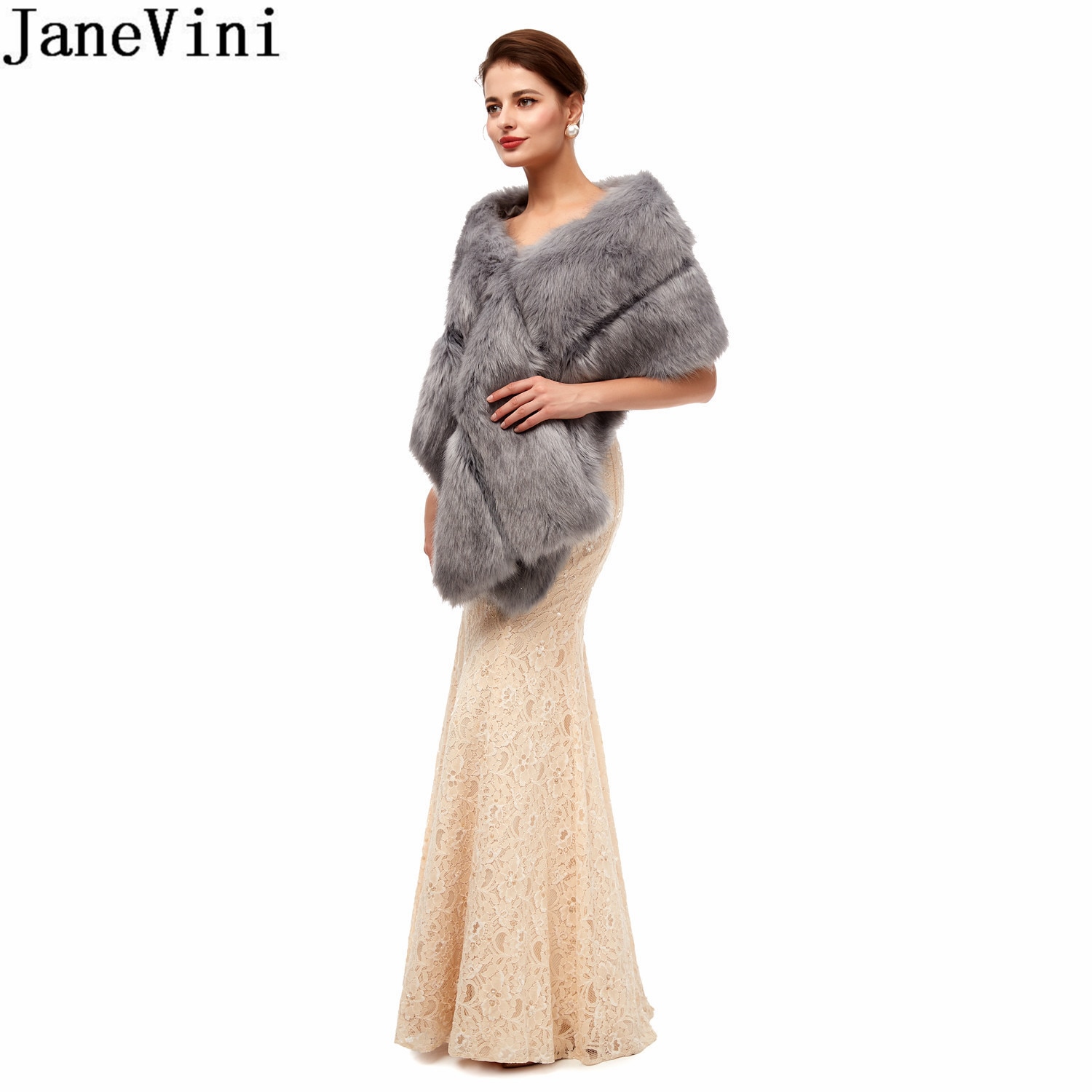 JaneVini elegante pelliccia grigia bolero da sposa festa di nozze avvolgere stola in pelliccia sintetica giacca da donna sposa scialle da sposa cappe etole mariage