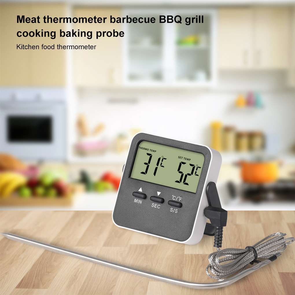 BBQ Thermometer 0-250℃ Grill Temperature Meter Timing Function 304 Stainless Steel Battery Operated Meat Gauge Outdoor Green