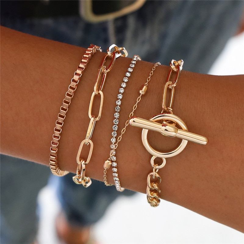 5 stks/set Klassieke Vrouwen Ronde Geometry Bead Chain Gem Multilayer Gouden Armband Set Lady Sieraden Accessoires