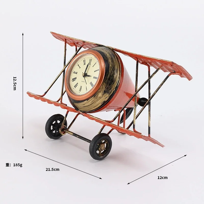 metal wrought iron airplane clock model desktop retro clock photography prop ornament office desktop decoration ornament: Light Grey