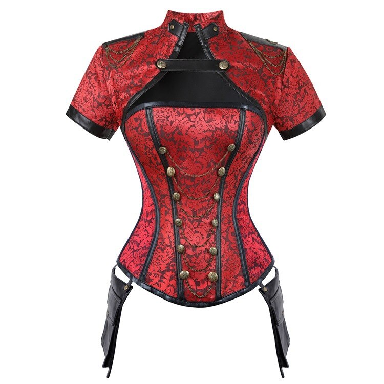 Corpiño gótico de tela de encaje de algodón para mujer, corsé de cadena de hierro y hueso de acero con chal, Top con cordones en la espalda, 4 piezas, 11 piezas: Rojo / XL