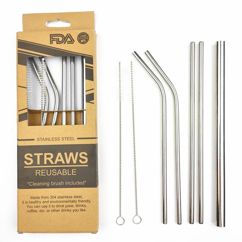 7 Pcs 304 Stainless Steel Reusable Drinking Straw Anti-slip Sturdy Bendy Straight Straw With 2 Cleaner Brushes Bar Accessories