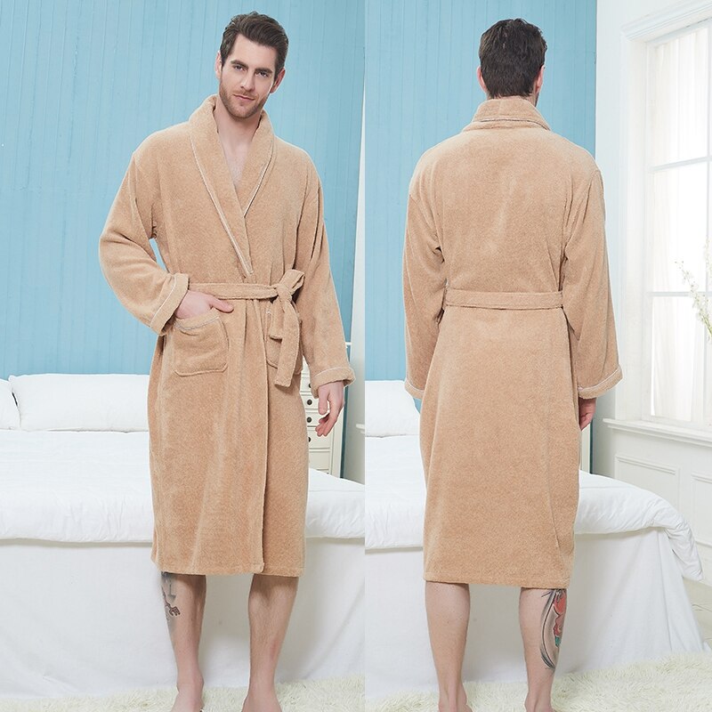 Vinter mænd badekåbe 100%  bomuld efterår tykt varmt håndklæde fleece bomuld morgenkåbe lang badekåbe hotel spa blød kimono kåbe