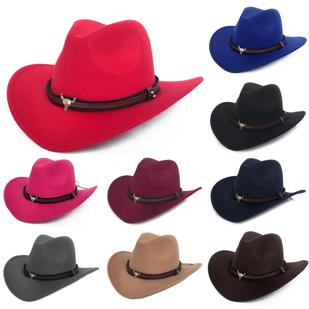 Ox Head Unisex Western Cowboy Woolen Hat Wide Brim Fedora Jazz Cap with Strap Cowboy Woolen Hat Wide Fedora Jazz Cap with Strap