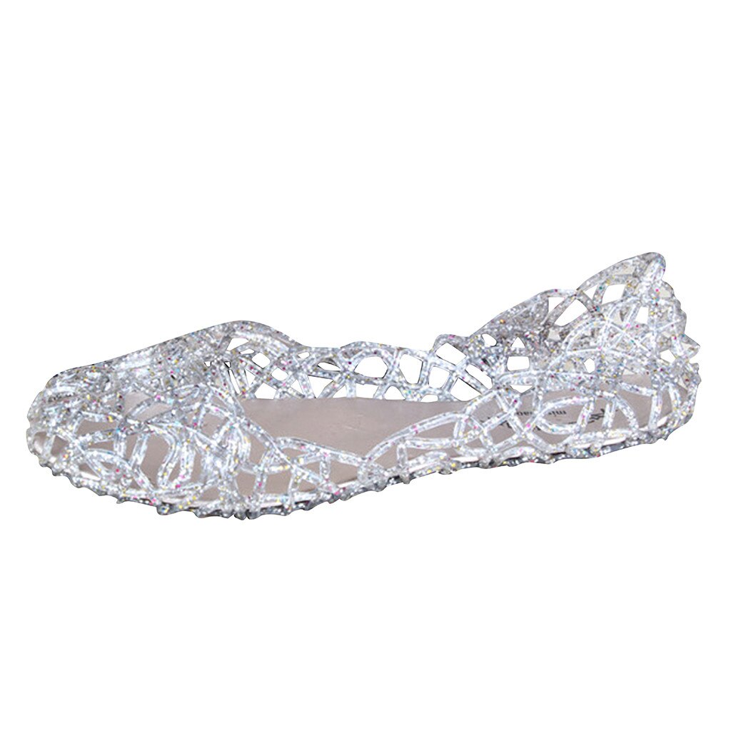 Shopping Ladies Walking Sandals Shoes Women's Summer Beach Jelly Sandals Slip On Flats Hollow Casual Breathable Pumps#529: Silver  / 39
