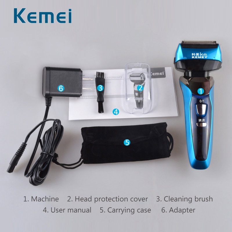 Kemei elektrisk barbermaskine til mænd genopladelig skægtrimmer barbermaskine kropshår barbermaskine 3d blade barberhoved: Sort-ingen kasse