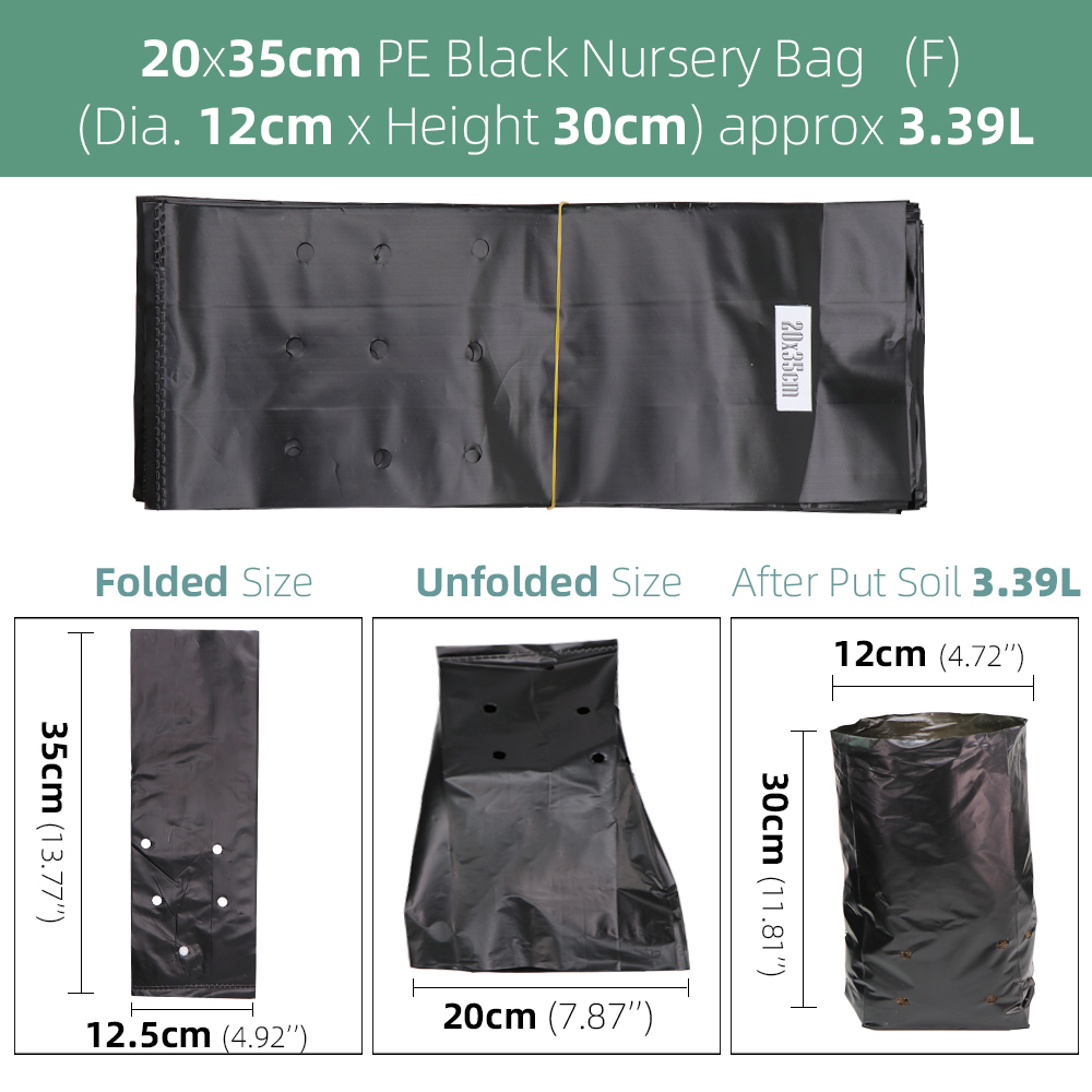 Bolsas de plástico de polietileno para vivero, macetas de cultivo de plantas de tela con agujeros transpirables para cultivo doméstico, suministros de jardinería, color negro, 100 piezas: Black 20x35cm