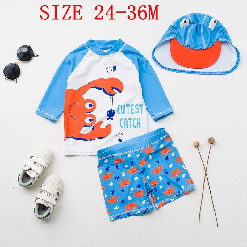 Baby Swimwear UV Protected Long Sleeve Bathing Suit Lovely Frog Print Two Pieces + Cap Boys Swimsuit Kids Swimming Pool Clothes: SIZE 24-36M H17102