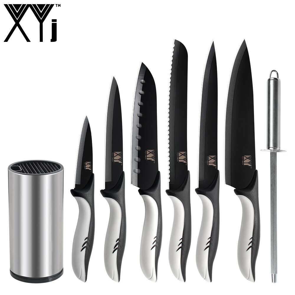 XYj-7 uds. De cuchillos de acero inoxidable para cocina, barra de afilado, rebanador de pan de 8 '', 7'', Santoku 5 '', utilidad, cuchillo de pelar de 3,5'': A.8PCS SET