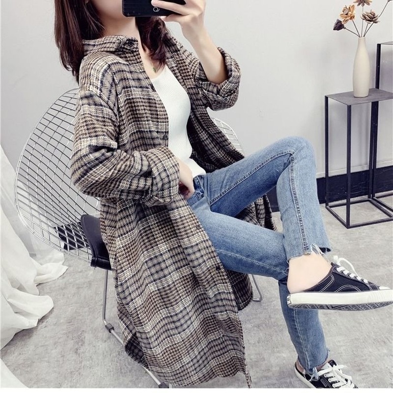 Trenchcoat kvinder efterår turn-down krave plus størrelse 3xl løs plaid chic kausal daglig streetwear lange frakker dame bf