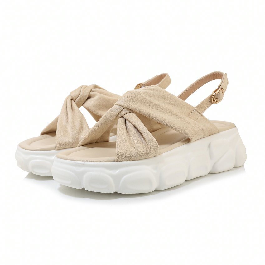 Qutaa rygstrop platform kvinder sko kilehæl spænde sandaler åndbar flock sommer dame pumps stor størrelse 34-43: Beige / 11
