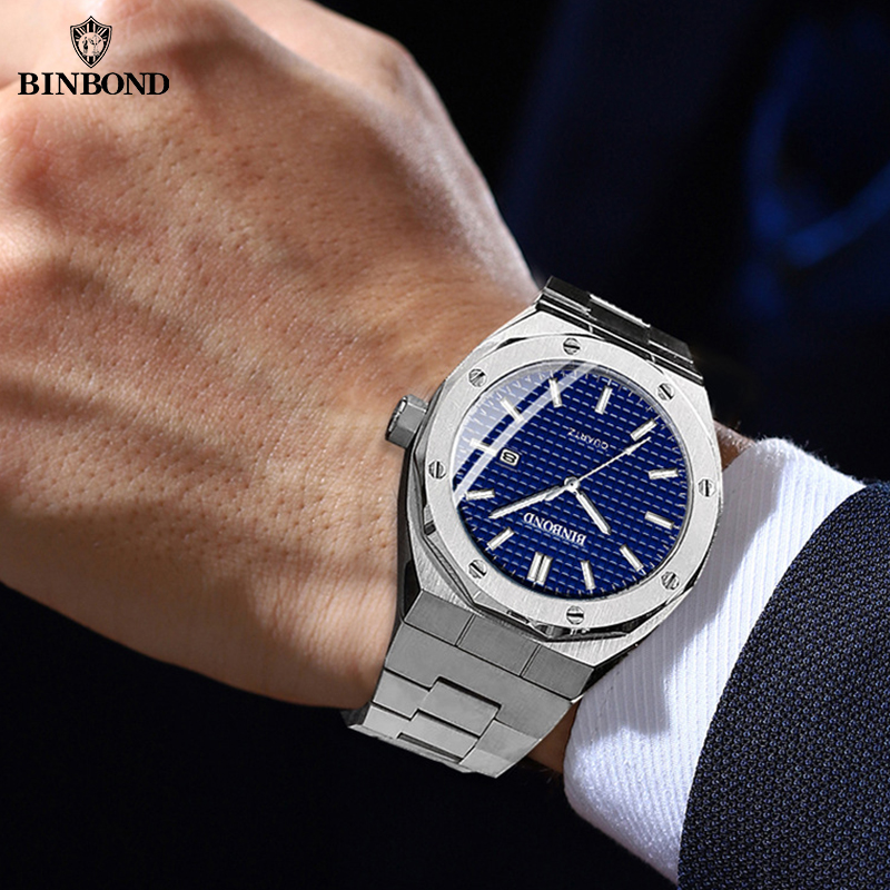 BINBOND montre pour hommes Top Royal décontracté hommes grand cadran argent acier inoxydable calendrier Quartz montre-bracelet classique lumineux B0233