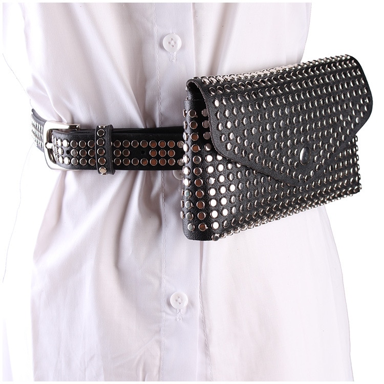 Mujeres remache cuero cintura bolsa PunkK cintura bolsa embrague remache hombro bolso bandolera bolso a la para mujeres