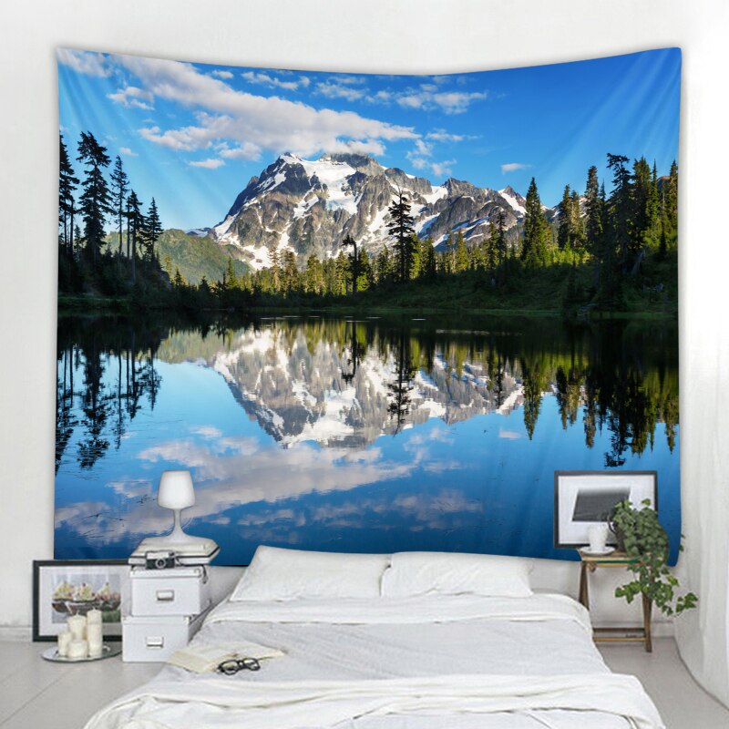 Natural Tree Tapestry Mountain Tree Reflection Background Picture Printed Wall Mounted Tapestry Home Decor Big Blanket