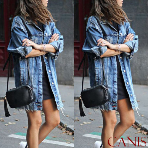Blue Jean Jacket Women Denim Long Coat Ripped Jeans Coat Button Jacket Loose Spring Autumn Casual Outwear Streetwear