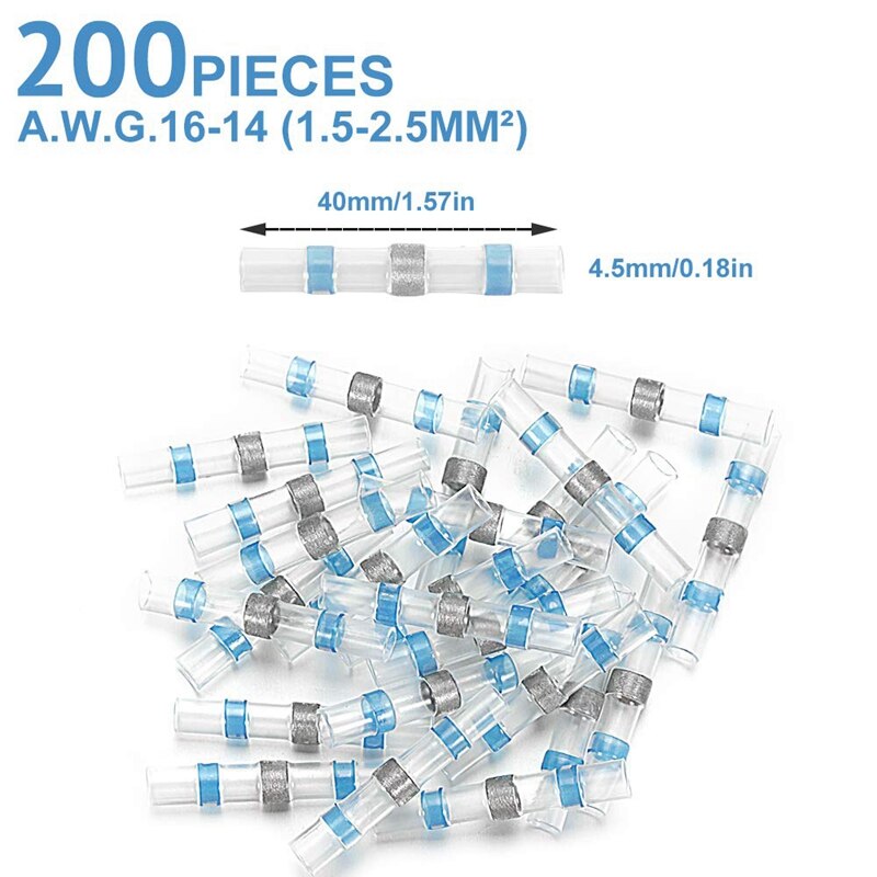 Conectores azuis do fio do selo da solda de 200 pces 16-14 awg, conectores da extremidade do psiquiatra do calor, terminais impermeáveis e isolados do fio