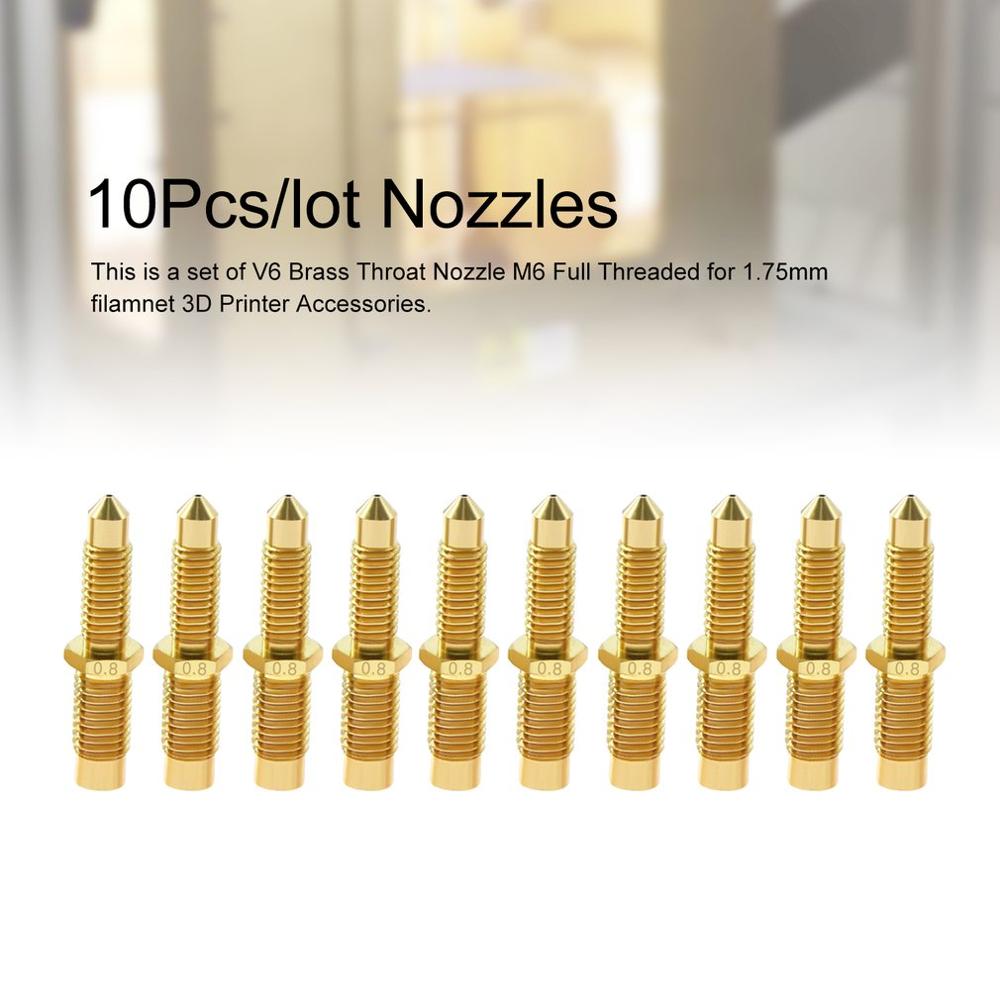 10 Uds V6 boquilla de garganta integrada de latón extrusor cabezal de impresión M6 rosca completa 0,2mm/0,4mm/0,8mm piezas de impresora 3D
