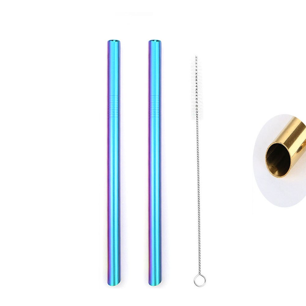 2 stk genanvendelige brede metal sugerør skarpe sugerør 215 x 12mm lige drikke sugerør spidse spidser perle milkshake bubble tea: Regnbue