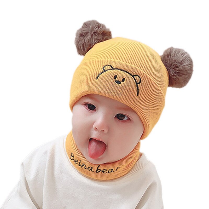 2Pcs Toddler Hat +Twitter Pompon Winter Children Hat Bonnet Enfant Knitted Cute Cap For Girls Boys 0-36 Months: 2PC yellow