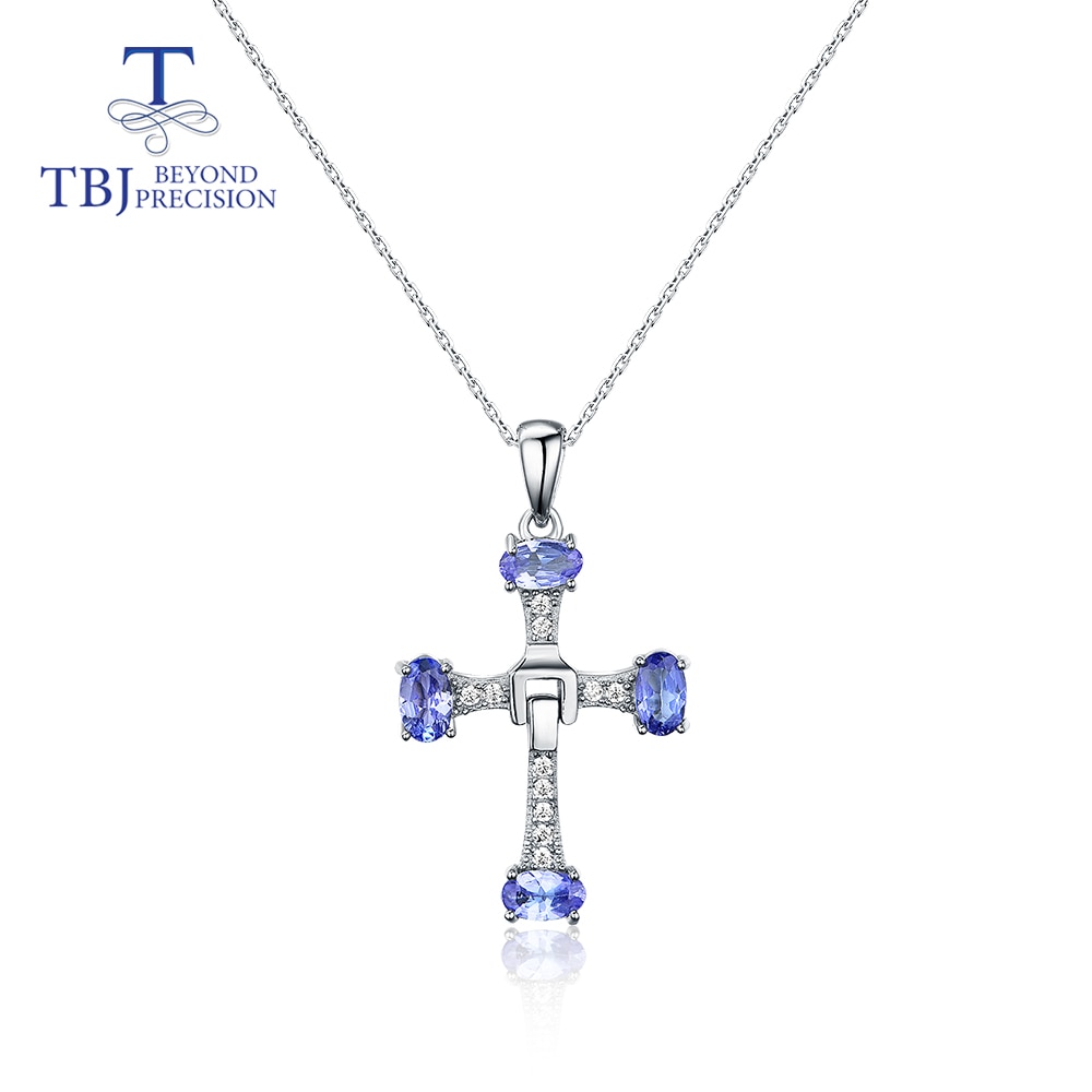 Tbj, cross Tanzanite Hanger Met Natuurlijke Lichtblauw Edelsteen Ketting Ovale 3*5Mm 4 Stuks 925 Sterling Zilver Fijne sieraden