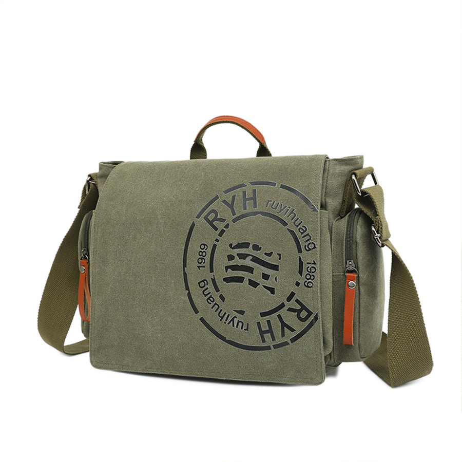 Aktetassen met grote capaciteit Heren reistassen Canvas bedrukte weekendschoudertassen Multifunctionele Messenger Flap Bags: Army Green