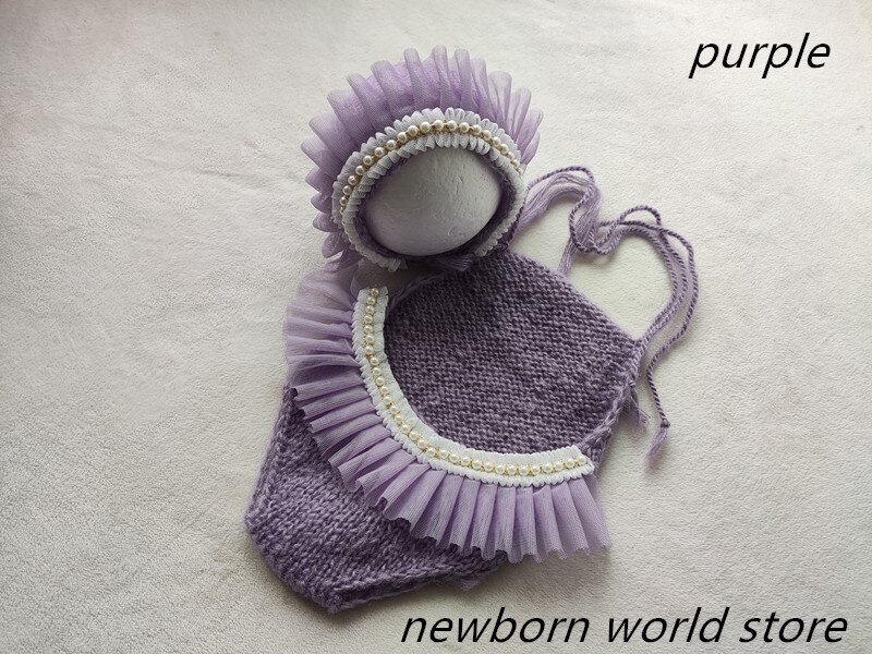 Pasgeboren Fotografie Props Parel Mesh Jumpsuits En Hoed.: purple