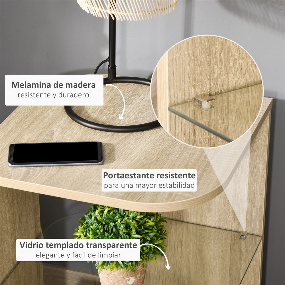 HOMCOM Mesita Auxiliar Moderna Mesilla de Noche con 3 Estantes Tablero de Cristal Mesita de Café Salón Dormitorio 40x40x56 cm