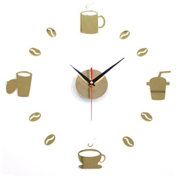 Taza de café 3D DIY Bean Reloj de pared adhesivo de cuarzo acrílico, decoración moderna para el hogar, Vintage Reloj de pared de cocina: Dorado