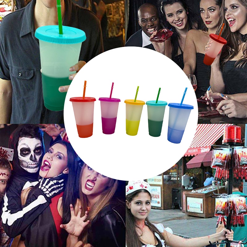 Reusable Color Changing Cold Cups Temperature Magical Color Change Cups Magic Juice Coffee Cup Bottles With Straws And Lid Set