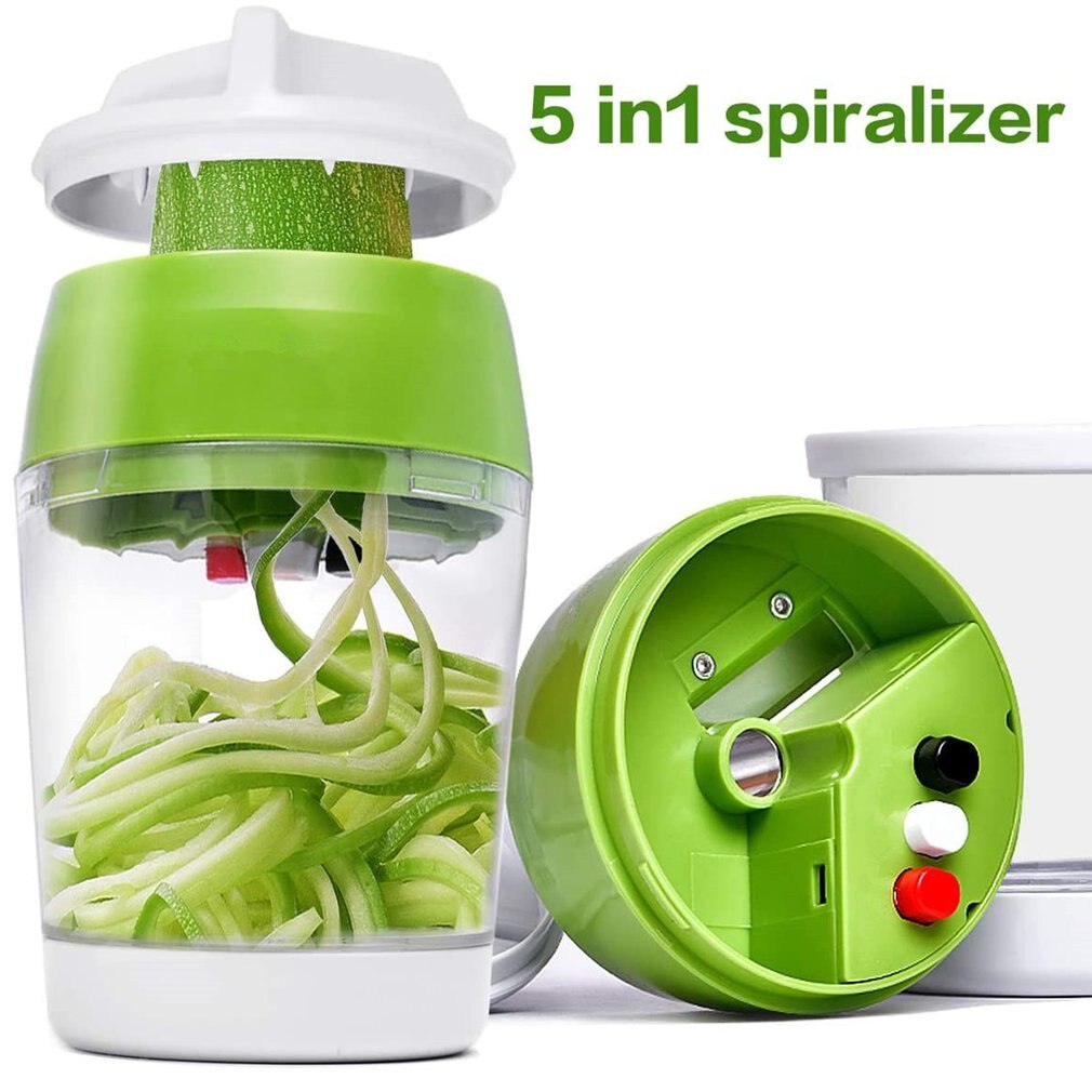 5- în -1 dispozitiv portabil de tăiat legume în spirală tăietor în spirală reglabil cu recipient aparat de făcut spaghetti dovlecei feliător în spirală