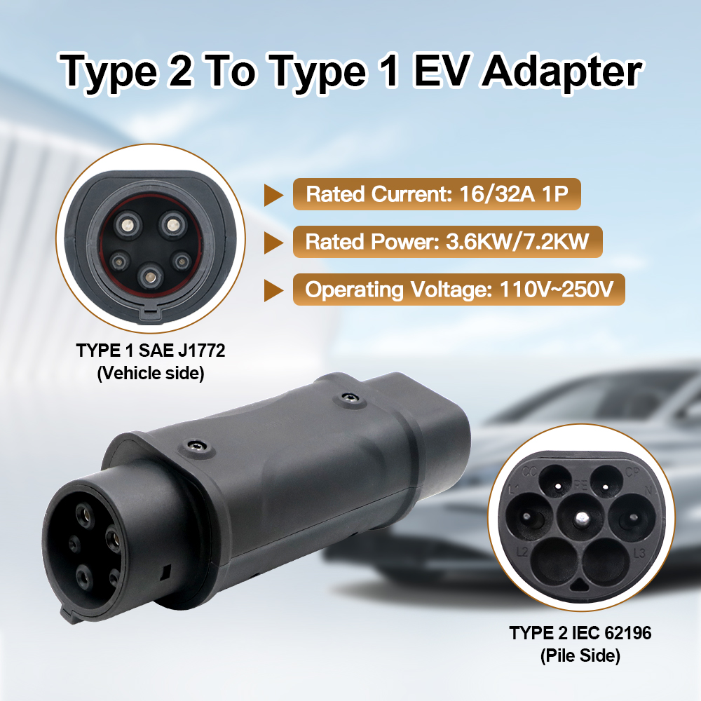 ERDAN 32A 1Phase 7,2 kW EV-Ladegerät-Adapter J1772 auf IEC62196 Adapter Typ2 auf Typ1 Elektrofahrzeug-Ladeanschluss