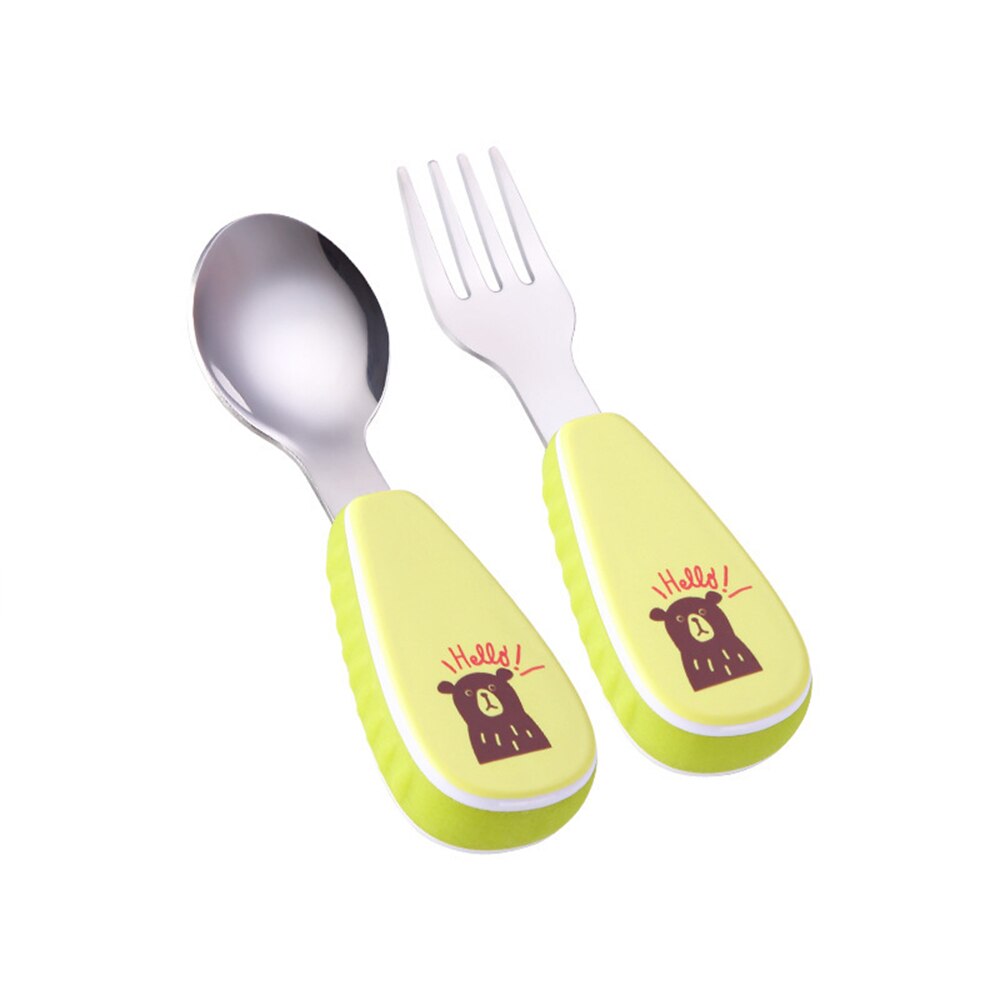 baby Feeding Spoon Fork Set Stainless Steel Toddler Infant Tableware Flatware Kids Cutlery with -Dust Box: A green