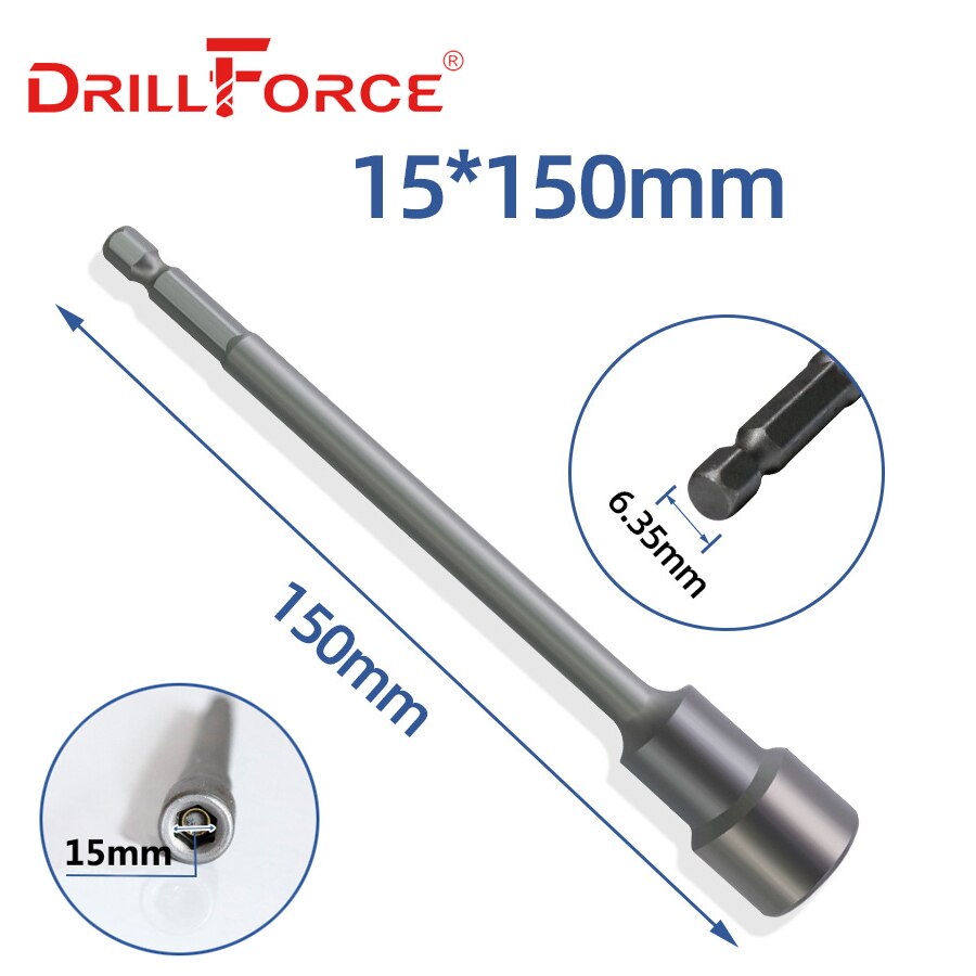 Drillforce 5.5-19x150mm Magnetic Nut Driver Set Impact Socket Sleeve Adapter Screwdriver Drill Bit 1/4" Quick Change Hex Shank: 15x150mm