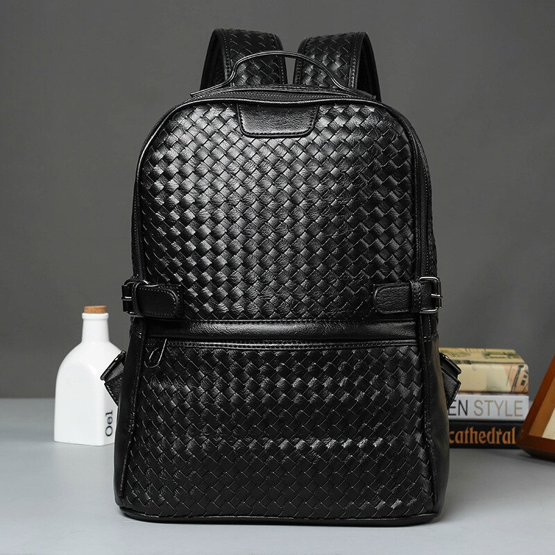 Black Weave Pu Leider Rugzak Voor Mannen Boekentas School Laptop Computer Anti Diefstal Tas Werk Zakelijke Mode: Default Title
