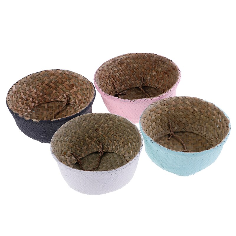 Handmade Wicker Basket Bamboo Seagrass Flower Pot Storage Basket Foldable Straw Patchwork Rattan Seagrass Belly Garden Decor