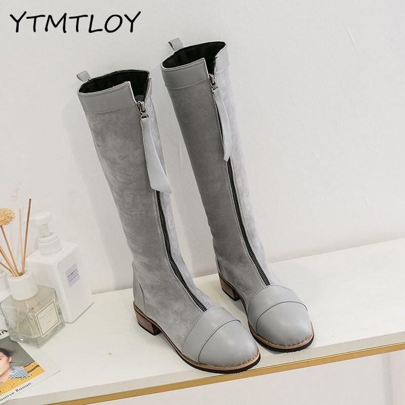 Bottes de créateur en cuir à genoux pour femmes, à bout rond, longues, épaisses, bloc, à talons hauts, noir, Beige