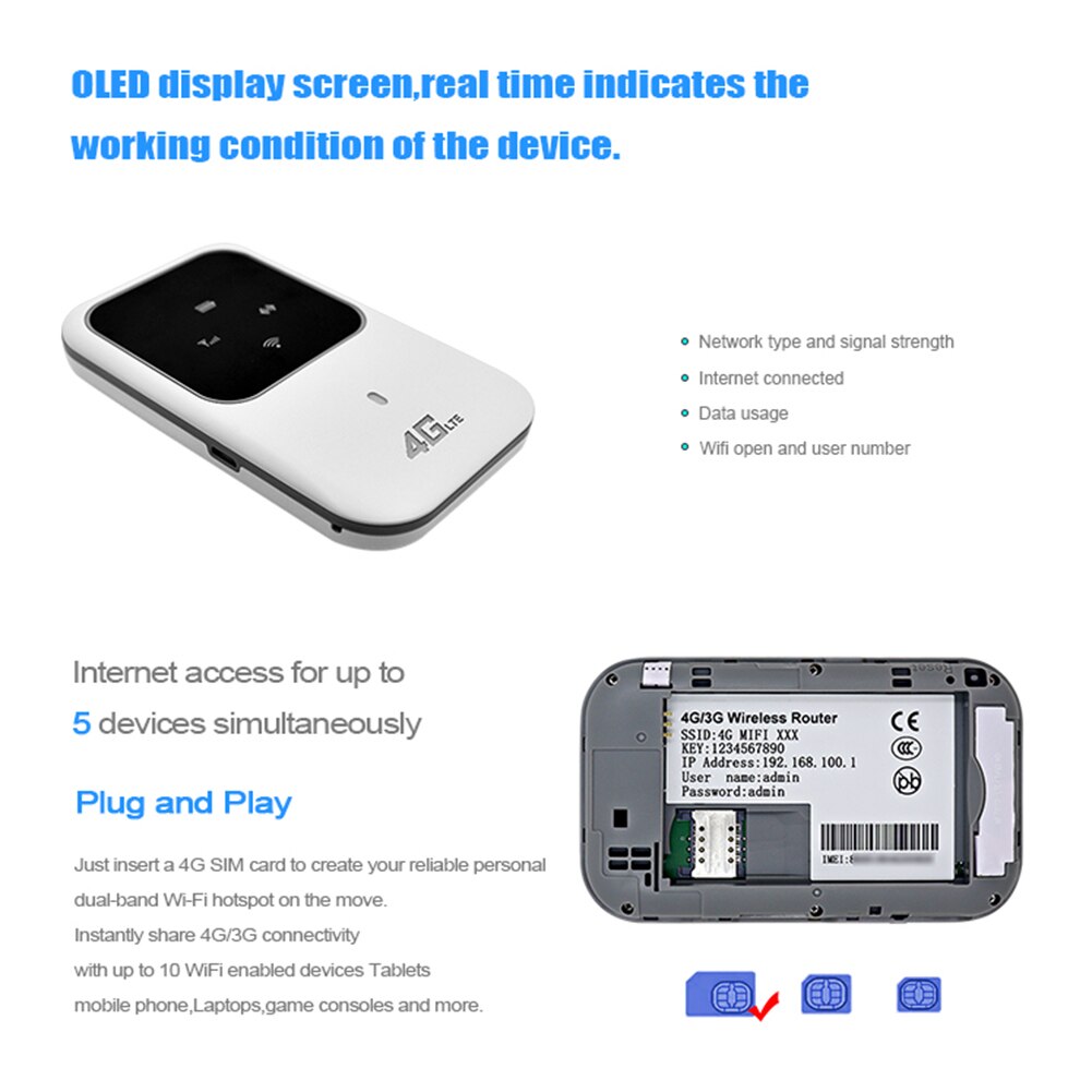 4g trådløs router mobilt bredbånd bærbar wi-fi bildelingsenhed sim-kort slot lte mifi-modem