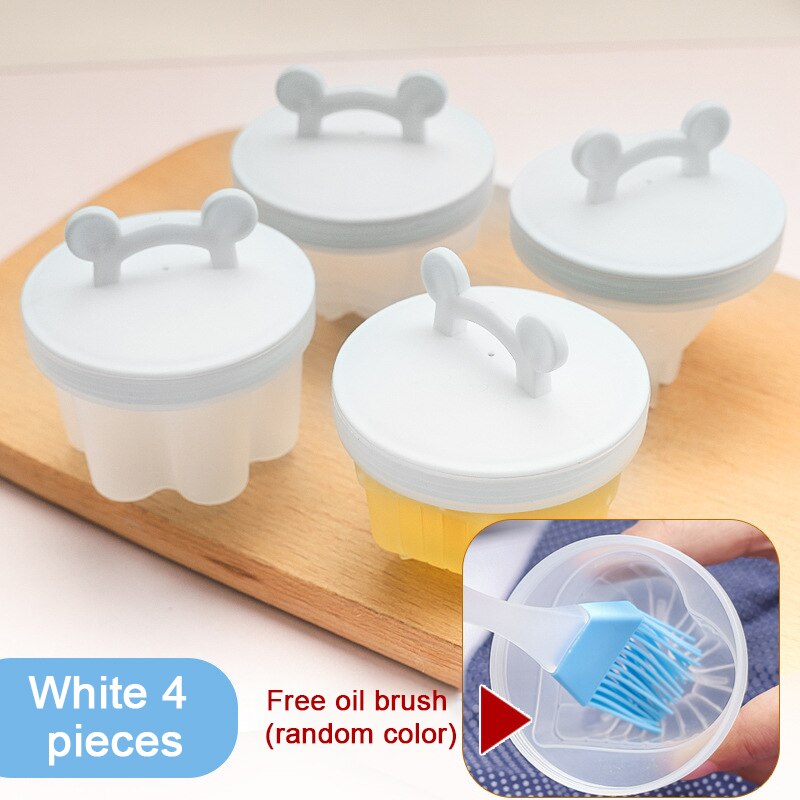 4 Pcs/Set Cute Egg Boiler Plastic Egg Poacher Set Kitchen Egg Cooker Tools Egg Mold Form With Lid Brush Pancake Maker: 4PCS white
