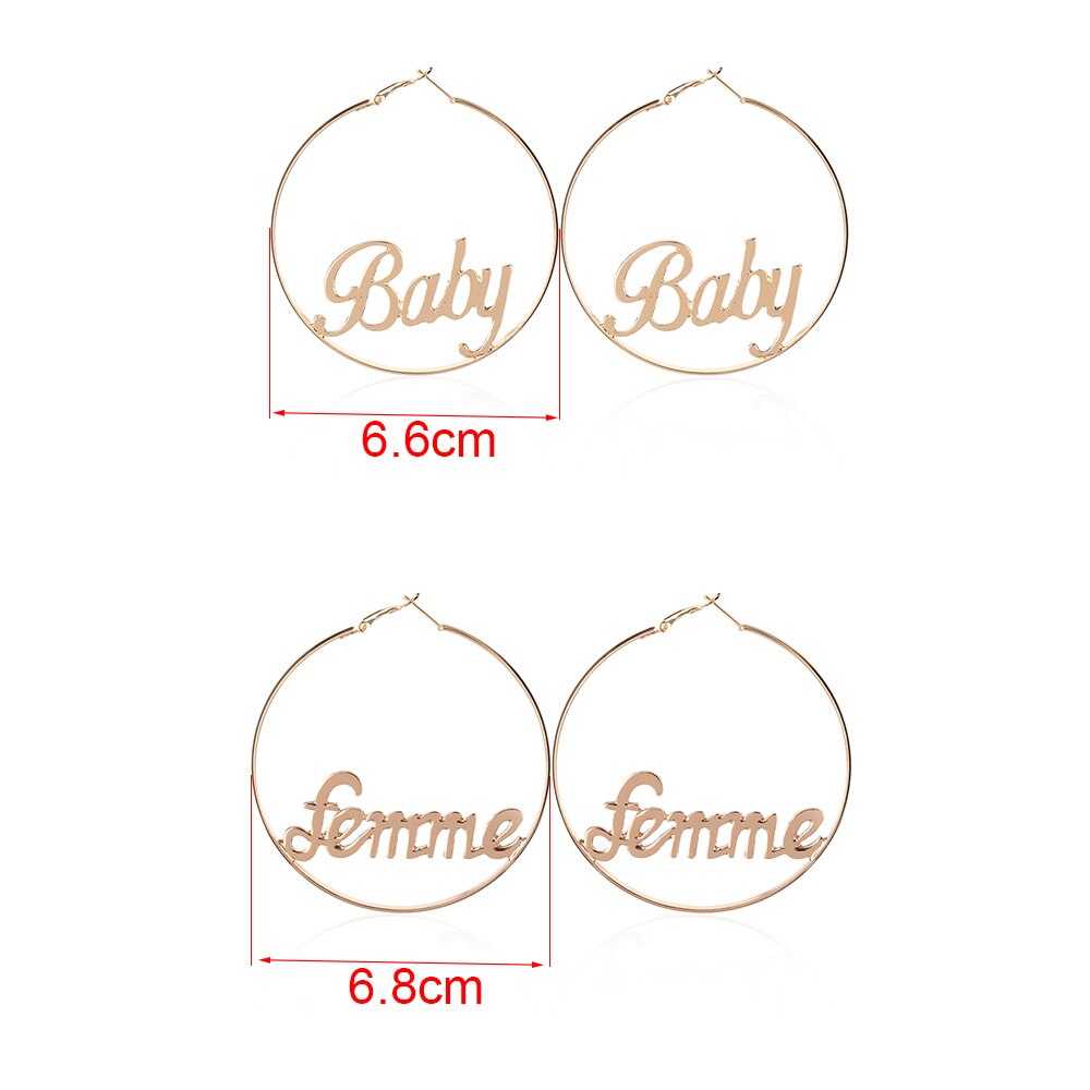 1 Pair Women Large Circle Round Hoop Earrings Hyperbole Baby Femme Letter Earrings Punk Dangle Hip-hop Jewelry