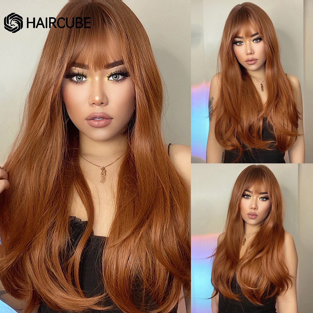HAIRCUBE Brown Highlight Synthetic Wigs Long Straight Wigs With Bangs for Women Natural Hair Cosplay Heat Resistant Fiber Wigs: P2/613