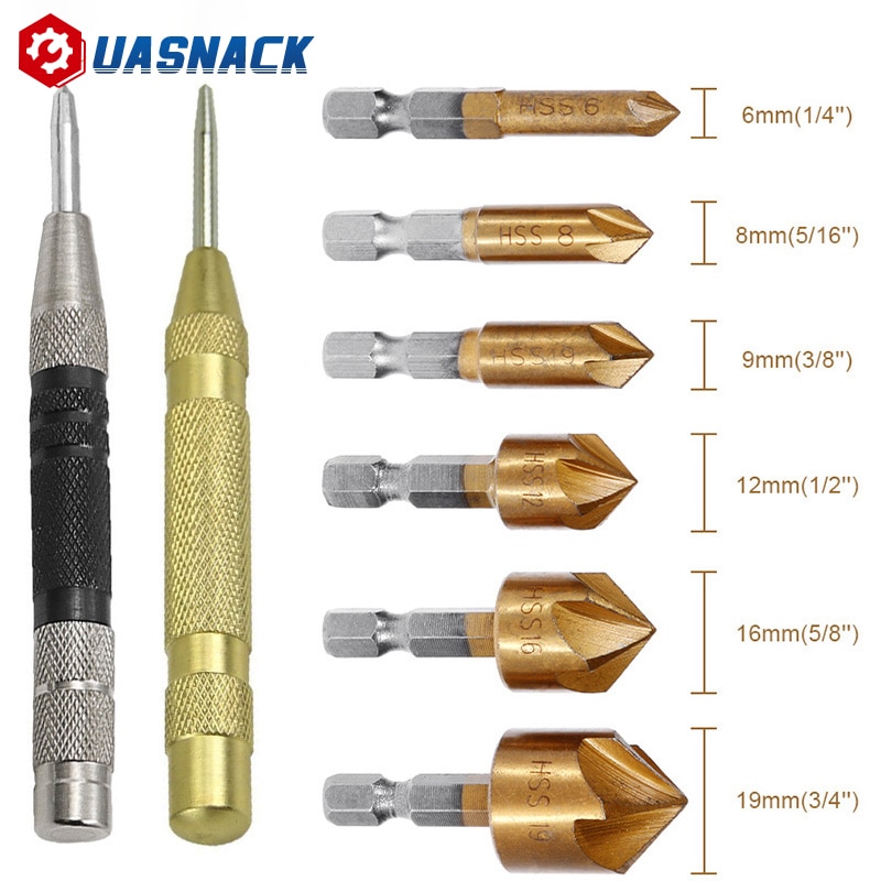 6 stücke Senker Bohrer einstellen 1/4&#39;&#39; verhexen Schaft HSS 5 Flöte Senker 90 Grad Holz Anfasen Cutter Fase 6mm-19mm