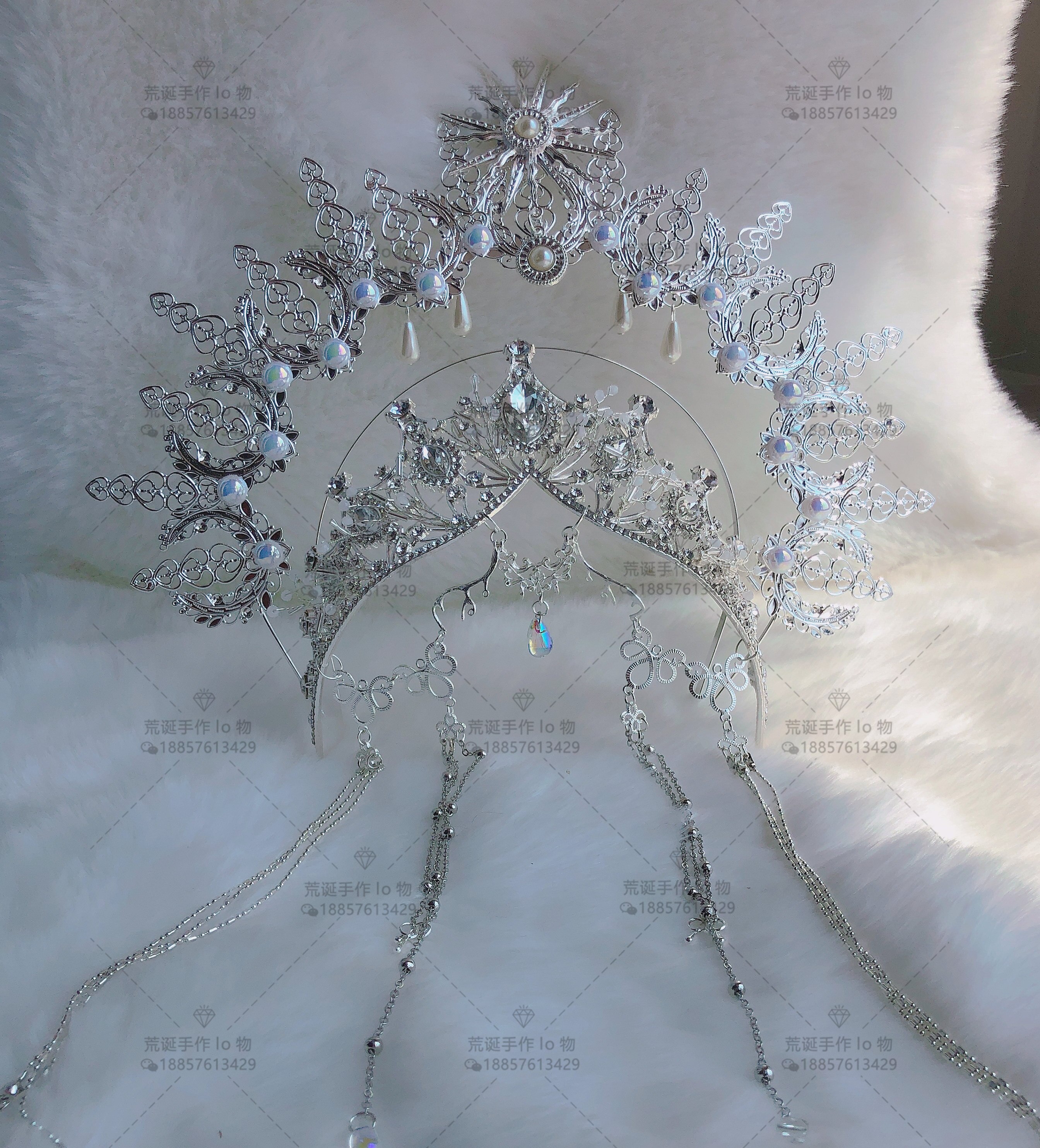 Lolita – coiffure ange Madonna Halo, diadème avec ouverture en argent, couronne, bandeau, perle, chaîne de cheveux, cerceau, ornements de cheveux faits à la main