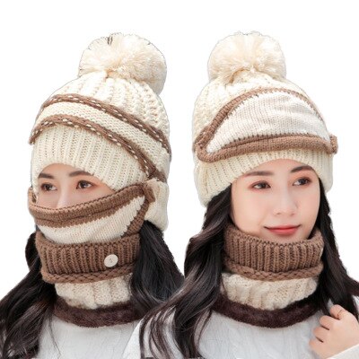 Bingyuanhaoxuan 3 in 1 varm tyk strikket beanie hat tørklæde og maske sæt slouchy sne strik cap uendelig tørklæde til kvinder: Beige